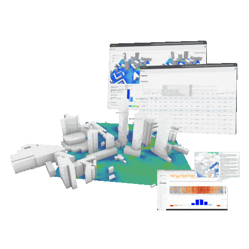 Animated 3D urban model with floating dashboards showing wind, daylight and report panels