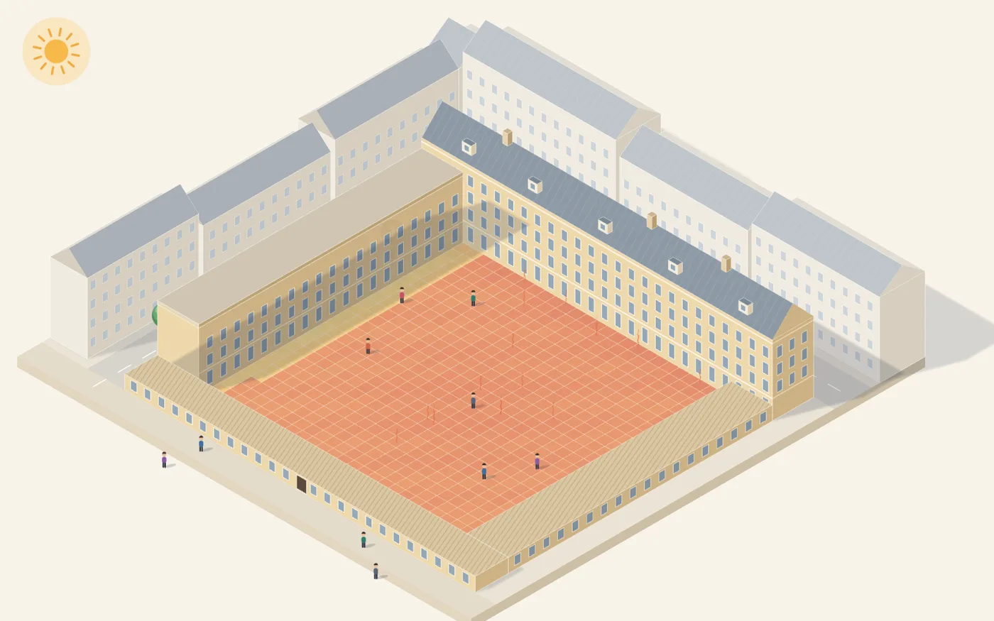 The open square of the MuseumsQuartier courtyard in Vienna under strong heat stress, before any measure