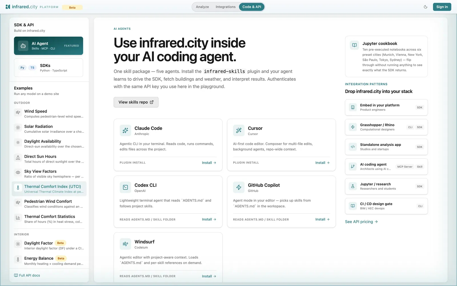The agent skill page in the platform: install steps for Claude Code, Cursor, Codex CLI, GitHub Copilot and Windsurf