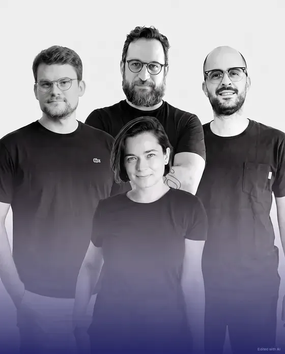 The four founders of infrared.city in black t-shirts: Serjoscha Düring, Angelos Chronis and Theodoros Galanos at the back, Oana Taut in front