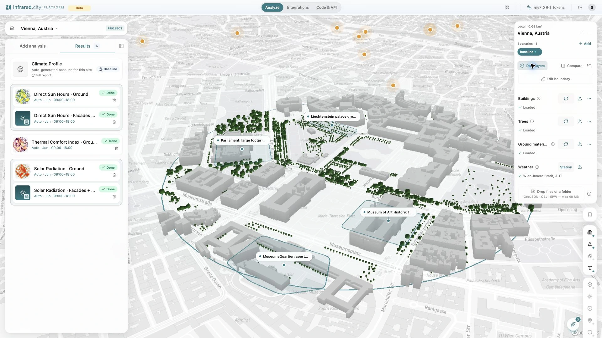 The Vienna site with its buildings, trees, ground materials and weather source