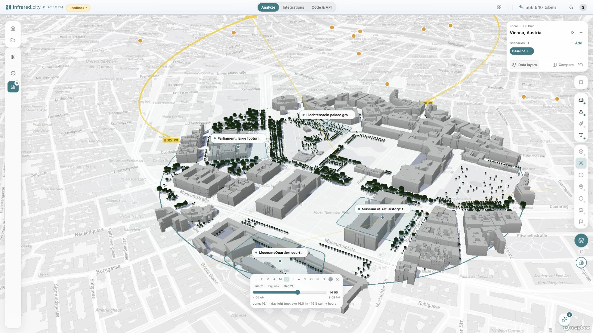 Sun path and building shadows over Vienna, with month and time controls