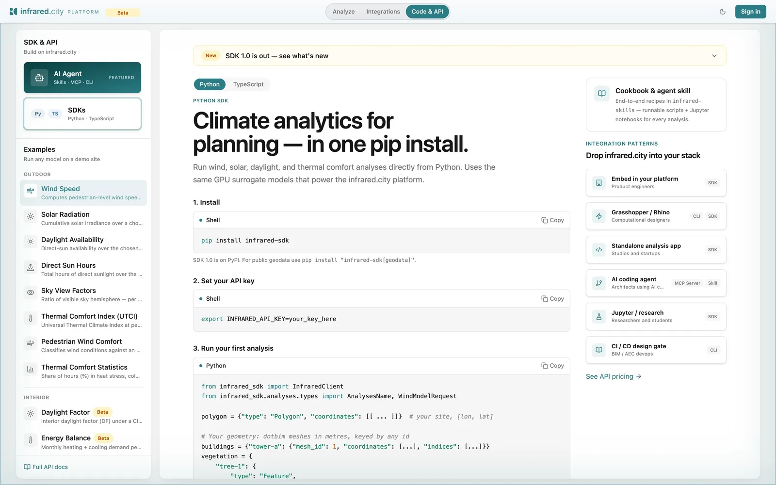 The infrared.city Python SDK quickstart: install, set the API key, run a first analysis