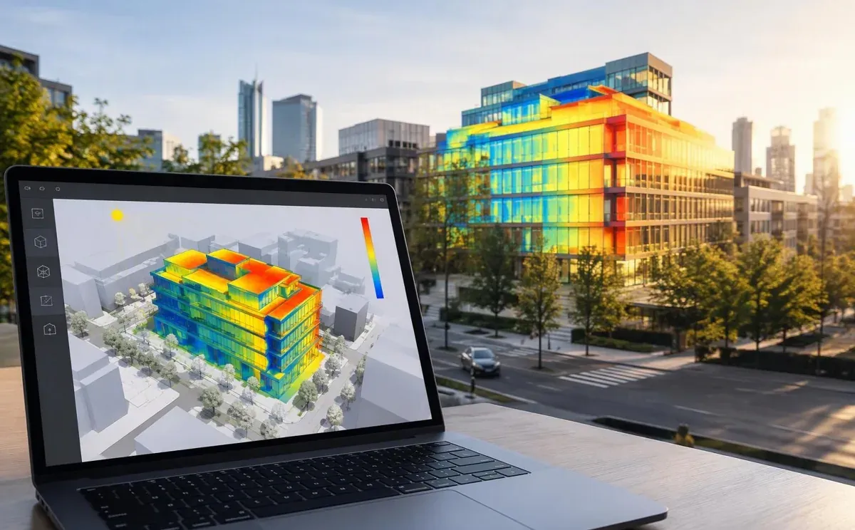 Building model with solar radiation colours on facade and roof surfaces