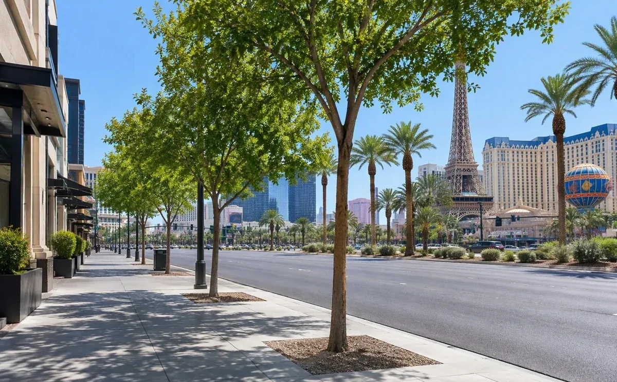 Trees casting shade across a Las Vegas sidewalk beside a sunlit road