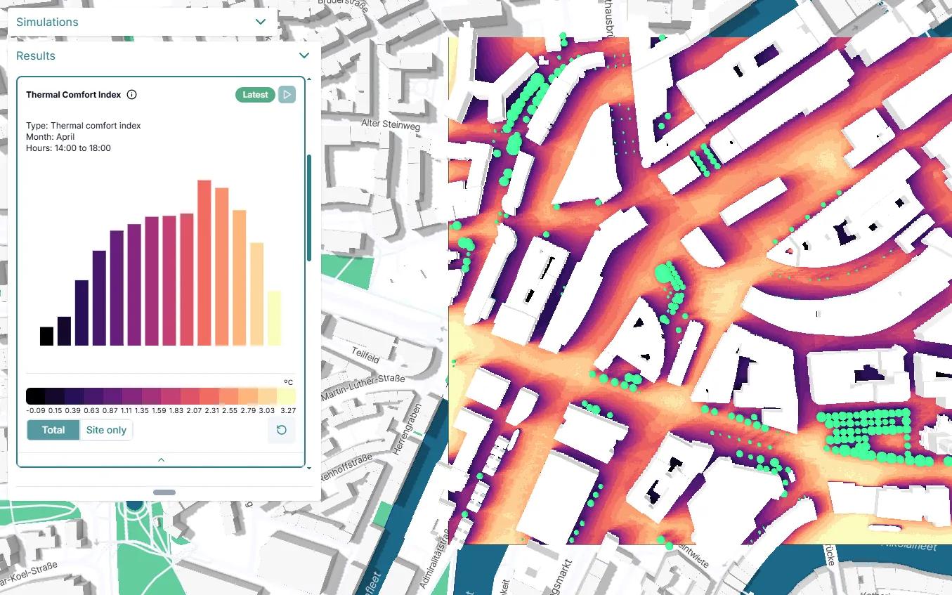UTCI in °C over a city district on the infrared.city platform, with street trees