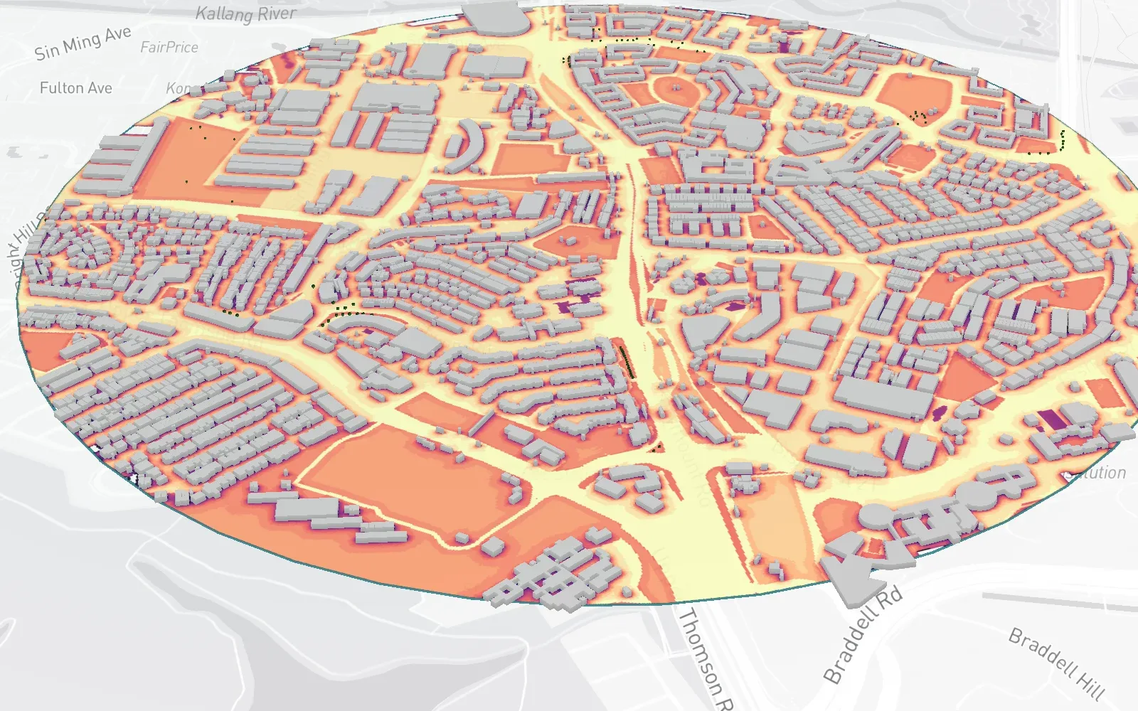 Perceived heat (UTCI) on a 1 m grid over a district in Singapore, from the platform